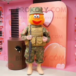 Peach Commando mascot costume character dressed with a Vest and Handbags