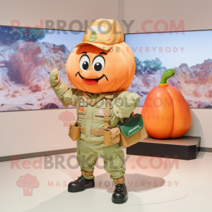 Peach Commando mascot costume character dressed with a Vest and Handbags