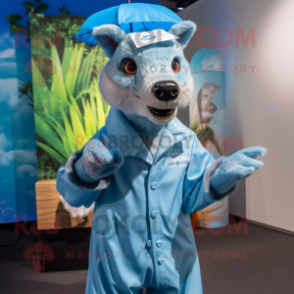 Sky Blue Thylacosmilus mascot costume character dressed with a Raincoat and Cufflinks