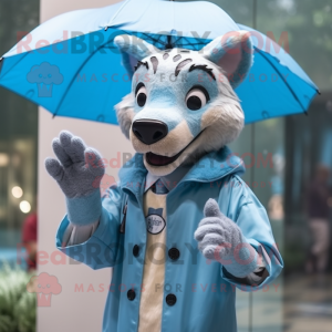 Sky Blue Thylacosmilus mascot costume character dressed with a Raincoat and Cufflinks