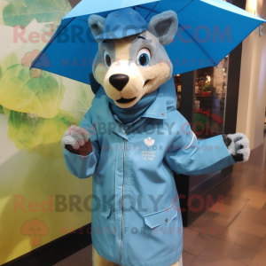 Sky Blue Thylacosmilus mascot costume character dressed with a Raincoat and Cufflinks