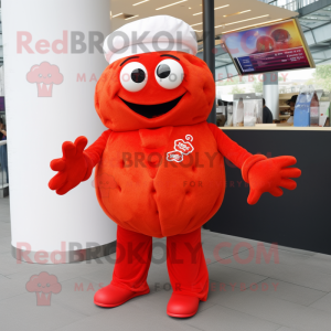 Red Crab Cakes mascot costume character dressed with a Polo Tee and Gloves