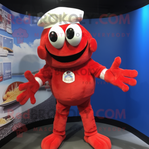 Red Crab Cakes mascot costume character dressed with a Polo Tee and Gloves