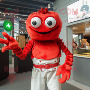 Red Crab Cakes mascot costume character dressed with a Polo Tee and Gloves