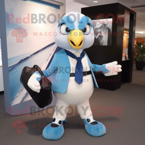 Sky Blue Falcon mascot costume character dressed with a Suit Pants and Wallets