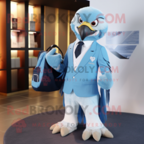 Sky Blue Falcon mascot costume character dressed with a Suit Pants and Wallets