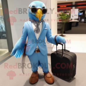 Sky Blue Falcon mascot costume character dressed with a Suit Pants and Wallets