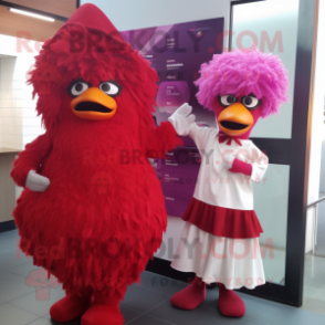 Magenta Fried Chicken mascot costume character dressed with a Dress and Beanies