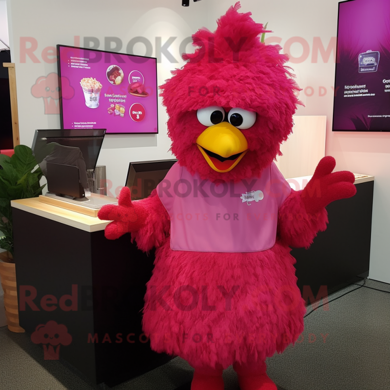 Magenta Fried Chicken mascot costume character dressed with a Dress and Beanies Magenta Fried Chicken mascot costume character dressed with a Dress and Beanies