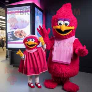 Magenta Fried Chicken mascot costume character dressed with a Dress and Beanies