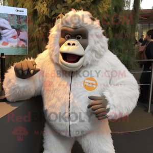 Cream Gorilla mascot costume character dressed with a Sweatshirt and Hair clips