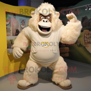 Cream Gorilla mascot costume character dressed with a Sweatshirt and Hair clips