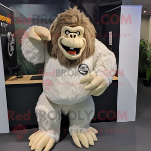 Cream Gorilla mascot costume character dressed with a Sweatshirt and Hair clips