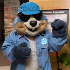 Blue Marmot mascot costume character dressed with a Denim Shirt and Gloves