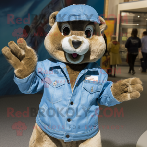 Blue Marmot mascot costume character dressed with a Denim Shirt and Gloves