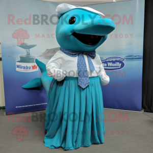 Cyan Humpback Whale mascot costume character dressed with a Maxi Skirt and Suspenders