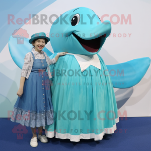 Cyan Humpback Whale mascot costume character dressed with a Maxi Skirt and Suspenders