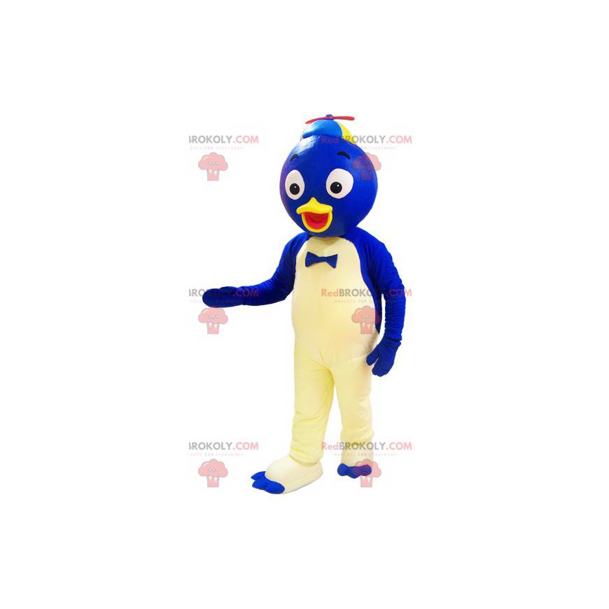Mascotte de canard bleu et blanc avec une tête ronde -