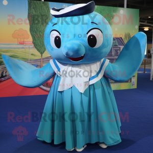 Cyan Humpback Whale mascot costume character dressed with a Maxi Skirt and Suspenders