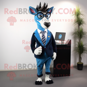 Blue Okapi mascot costume character dressed with a Suit Pants and Eyeglasses