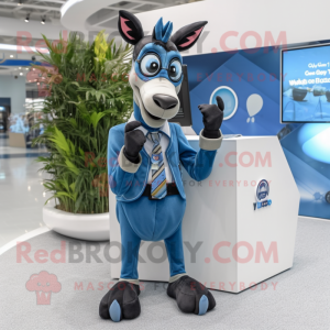 Blue Okapi mascot costume character dressed with a Suit Pants and Eyeglasses
