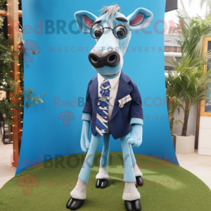 Blue Okapi mascot costume character dressed with a Suit Pants and Eyeglasses