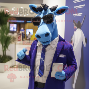 Blue Okapi mascot costume character dressed with a Suit Pants and Eyeglasses
