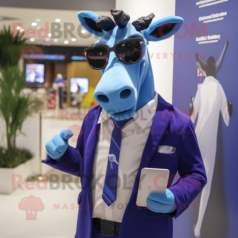 Blue Okapi mascot costume character dressed with a Suit Pants and Eyeglasses Blue Okapi mascot costume character dressed with a Suit Pants and Eyeglasses