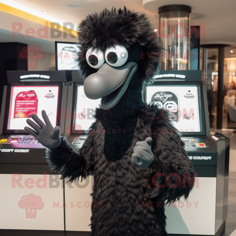 Black Emu mascot costume character dressed with a Suit Jacket and Bracelets