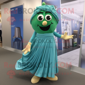 Cyan Pesto Pasta mascot costume character dressed with a Maxi Dress and Shoe laces