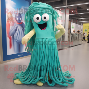 Cyan Pesto Pasta mascot costume character dressed with a Maxi Dress and Shoe laces