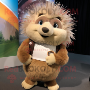 Tan Porcupine mascot costume character dressed with a Vest and Mittens