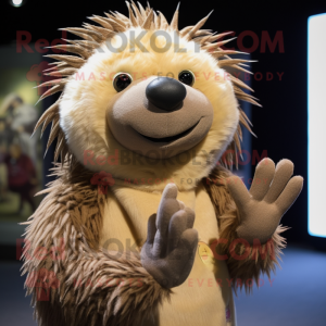 Tan Porcupine mascot costume character dressed with a Vest and Mittens