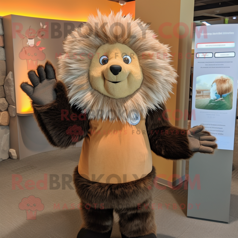 Tan Porcupine mascot costume character dressed with a Vest and Mittens