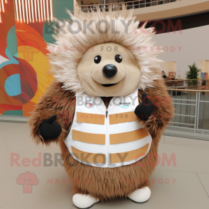 Tan Porcupine mascot costume character dressed with a Vest and Mittens