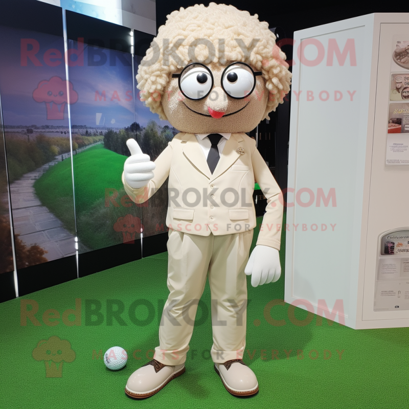 Beige Golf Ball mascot costume character dressed with a Blazer and Suspenders