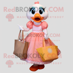 Peach Gosling mascot costume character dressed with a Ball Gown and Tote bags