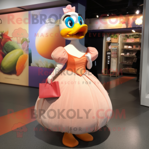 Peach Gosling mascot costume character dressed with a Ball Gown and Tote bags