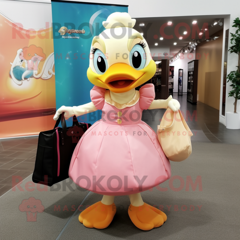 Peach Gosling mascot costume character dressed with a Ball Gown and Tote bags