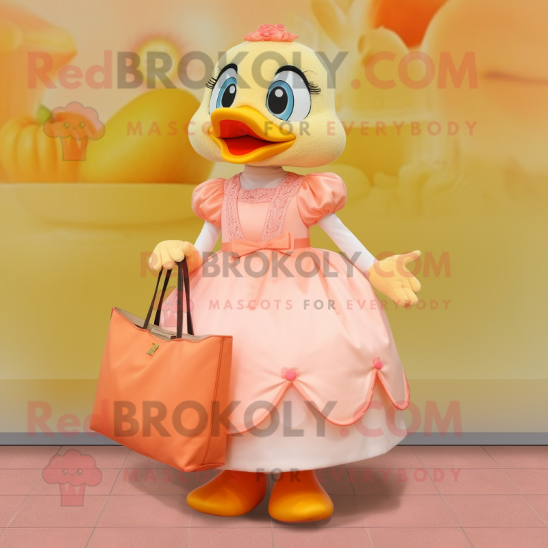 Peach Gosling mascot costume character dressed with a Ball Gown and Tote bags