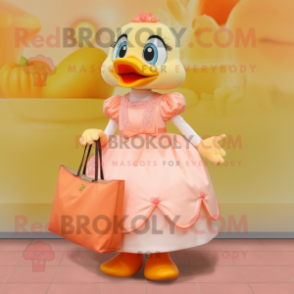 Peach Gosling mascot costume character dressed with a Ball Gown and Tote bags