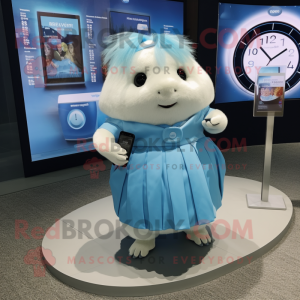 Sky Blue Guinea Pig mascot costume character dressed with a Pleated Skirt and Smartwatches