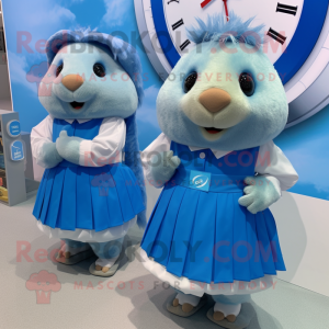 Sky Blue Guinea Pig mascot costume character dressed with a Pleated Skirt and Smartwatches