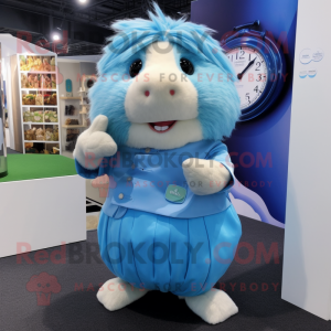 Sky Blue Guinea Pig mascot costume character dressed with a Pleated Skirt and Smartwatches