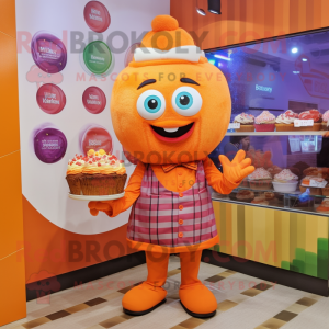 Orange Cupcake mascot costume character dressed with a Button-Up Shirt and Clutch bags