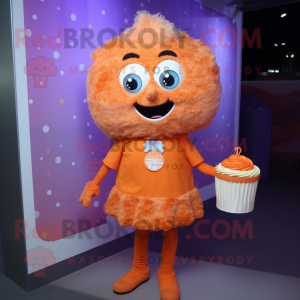 Orange Cupcake mascot costume character dressed with a Button-Up Shirt and Clutch bags