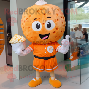 Orange Cupcake mascot costume character dressed with a Button-Up Shirt and Clutch bags