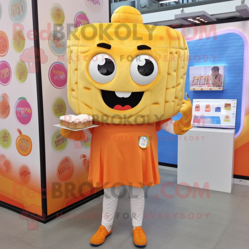 Orange Cupcake mascot costume character dressed with a Button-Up Shirt and Clutch bags