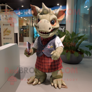 nan Triceratops mascot costume character dressed with a Button-Up Shirt and Messenger bags