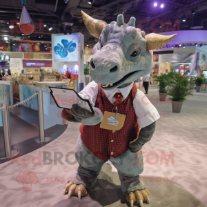 nan Triceratops mascot costume character dressed with a Button-Up Shirt and Messenger bags